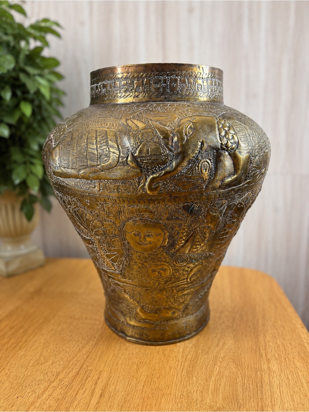 Vintage Hand-Etched Brass Vase with Elephant & Figural Motifs Boho Global Decor